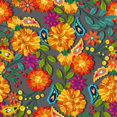 Vector illustration. Die de los muertos. The day of the Dead, Mexican holiday, festival, seamless pattern, grey  background