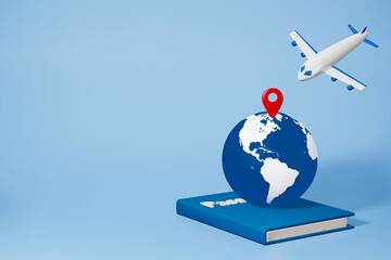 Blue earth and red pin with air plane on passport in blue background. 3d illustration travel  concept for tourism advertising