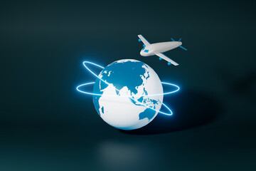 Blue earth with light circle around and plane in dark background. 3d illustration travel  concept for tourism advertising