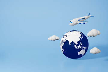 Blue earth with white cloud and plane in blue background. 3d illustration travel  concept for tourism advertising