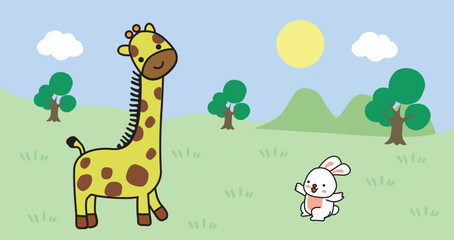 Obraz na płótnie Canvas funny giraffe and rabbit in nature vector illustration