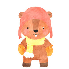 watercolor cute squirrel animal wearing yellow scarf and pink hat in winter