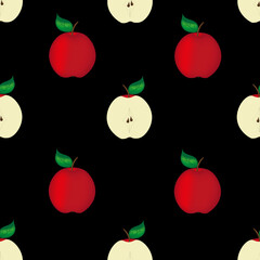 Seamless pattern with ripe red apple on black background. Beautiful print fo kitchen wallpaper with apples. Vector illustration with set of red fruits.