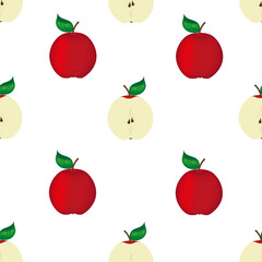 Seamless pattern with ripe red apple on white background. Beautiful print fo kitchen wallpaper with apples. Vector illustration with set of red fruits.