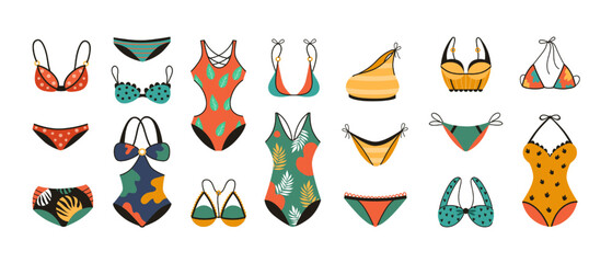 Swimsuit lingerie set, beautiful doodle underwear clothes with botanical and abstract prints for sunbathing. Colorful swim suit, various hand drawn set. Vector isolated illustration