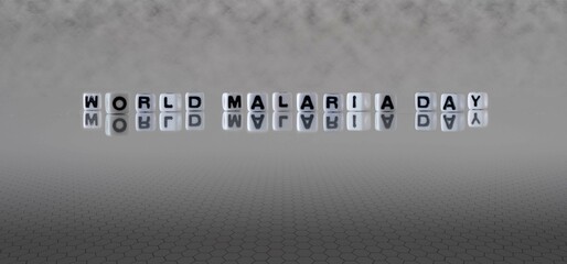 world malaria day word or concept represented by black and white letter cubes on a grey horizon...