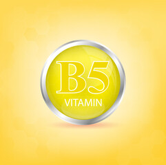 Vitamin B5 icon structure yellow substance. Personal care, beauty concept. Medicine health symbol of thiamine. Drug business concept. 3D Vector Illustration. Vitamin complex with chemical formula.