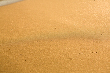 Fototapeta na wymiar Background with golden sand on the coast of the island of Crete. Abstract surface with sand and clear sea water for text.