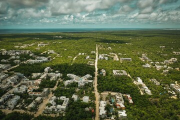 View of Tulum, Mexico from the air under a cloudy sky