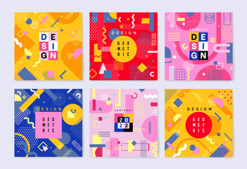 Geometric trendy posters set. Pattern design with different forms and shapes, dots and lines elements, memphis graphic cards. Abstract modern backgrounds, various colors. Vector collection