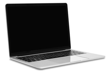 Front view of a modern generic silver metallic laptop with a blank black screen and isolated on a transparent background. - obrazy, fototapety, plakaty