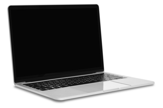 Front view of a modern generic silver metallic laptop with a blank black screen and isolated on a transparent background.