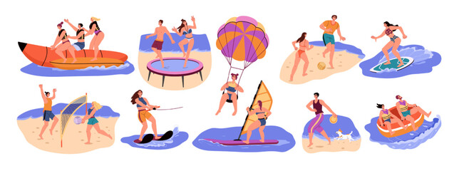 Beach people, summer sea activities. Friends game play, person swim in ocean, boys and girls leisure time, parachuting and surfing. Vector cartoon characters