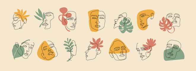 Line art woman face, abstract minimal tropical botanical elements, girls boho style. Human logo design, modern organic people portrait. Female characters vector contemporary illustration