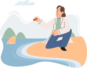 Observation of marine life in wild in order to study and protect them, study of living conditions of wild animals. Ecological researcher conducts experiments ichthyologist analyzing fish in sea