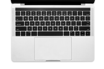 Top view of a modern silver metallic laptop isolated on a transparent background.