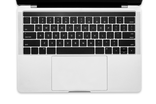 Top view of a modern silver metallic laptop isolated on a transparent background.