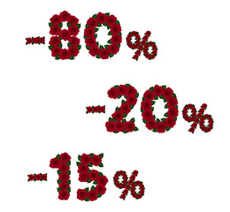 Decorative figures for sale and discounts of red roses. Fifteen, twenty, eighty percent. Vector Clip art