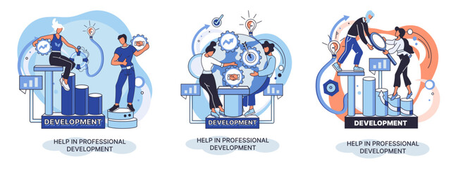 Fototapeta premium Qualified employee training program. Refresher course metaphor. Help in professional development. Learning for software development and growth. Agile project management team project life scrum meeting