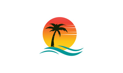 Fototapeta na wymiar sun beach logo design, sunset with island logo design vector illustration