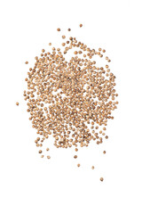 Macro photo of coriander seeds on a white isolated background.