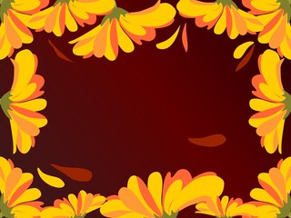 Obraz premium Autumn background with yellow flowers on the edges of the frame. A fluffy flower with petals frames a rectangle of brown color. The mood of autumn.