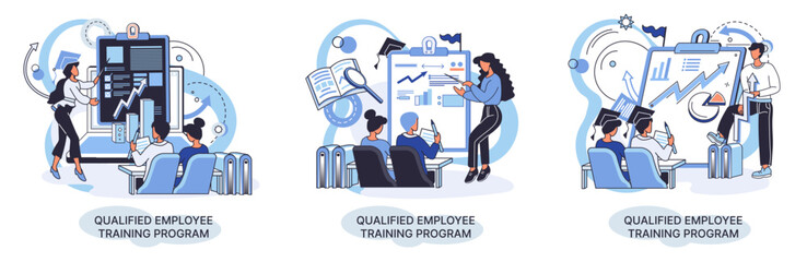 Qualified employee training program. Refresher course metaphor. Help in professional development. Learning for software development and growth. Agile project management team project life scrum meeting