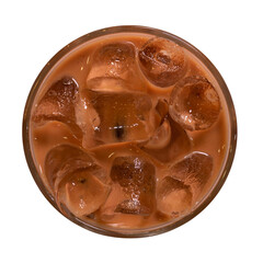 Thai milk tea, Thai ice tea with milk in a round transparent glass on a white background. top view.