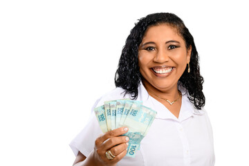 woman holds money, Brazilian, BRL