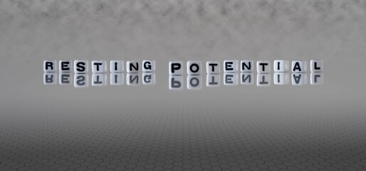 resting potential word or concept represented by black and white letter cubes on a grey horizon...