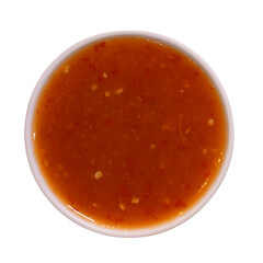 Thai Suki Sauce or chili sweet sauce in a small bowl. isolated on white background. Top view.