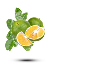Water splash on fresh orange with leaves isolated on transparent background (.PNG)