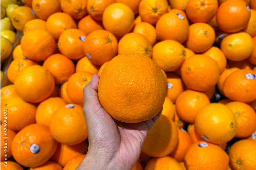 Wall mural hand holding an uneven shape orange