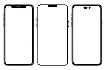 Smartphone similar to iphone 14 with blank white screen for Infographic Global Business Marketing Plan, mockup model similar to iPhone isolated Background of digital investment economy - Clipping Path
