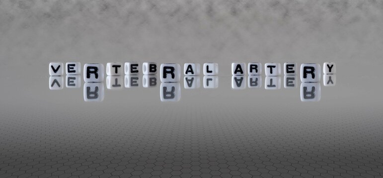 Vertebral Artery Word Or Concept Represented By Black And White Letter Cubes On A Grey Horizon Background Stretching To Infinity