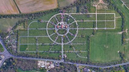Cemetery and crematorium looking down aerial view from above – Bird’s eye view Landican Cemetery and Crematorium, Merseyside, North West, England