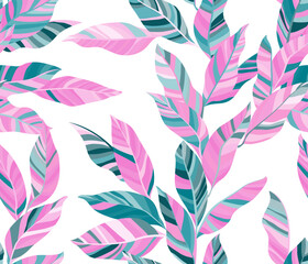 Striped leaves tree branches vector seamless pattern summer fasion textile print design. © SunwArt