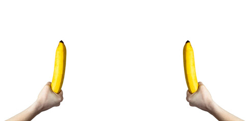 advertising banner. banana in female hand isolated on white background. sexy concept. girl holding...