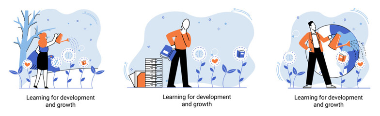 Learning development and growth. Self-learning metaphor, online emoloyee education distance e-learning. Skill improvement. Self development program way to success. Goal achieving professional training