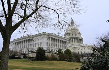 Obraz premium View of the senate capitol building in Washington DC during cloudy day in winter 2022. View from National mall 