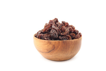 Organic dried Raisins in wooden bowls on white background, Currant in wood bowl