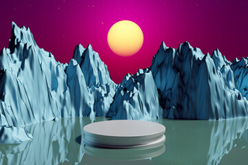 3D render Platform and natural stone podium on mountain at sunset for product stand display advertising cosmetic beauty products or skincare with empty round stage