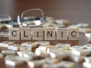 clinic word or concept represented by wooden letter tiles on a wooden table with glasses and a book - obrazy, fototapety, plakaty
