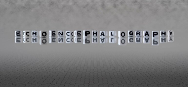 echoencephalography word or concept represented by black and white letter cubes on a grey horizon background stretching to infinity