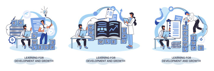 Naklejka premium Learning development and growth. Self-learning metaphor, online emoloyee education distance e-learning. Skill improvement. Self development program way to success. Goal achieving professional training