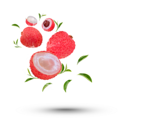 Water splash on fresh lychee with leaves isolated on transparent background (.PNG)