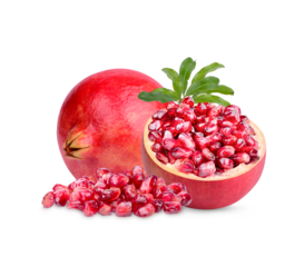 Fresh ripe pomegranate with leaves isolated on transparent background (.PNG)