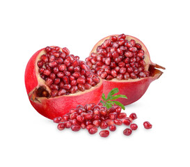 Fresh ripe pomegranate with leaves isolated on transparent background (.PNG)