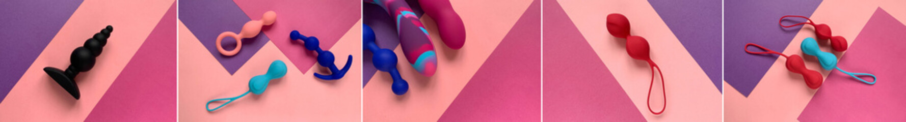 Collage with sex toys on colorful background. Vibrators,  jiggle balls and anal plugs on pink background. Useful for sex shop or adults