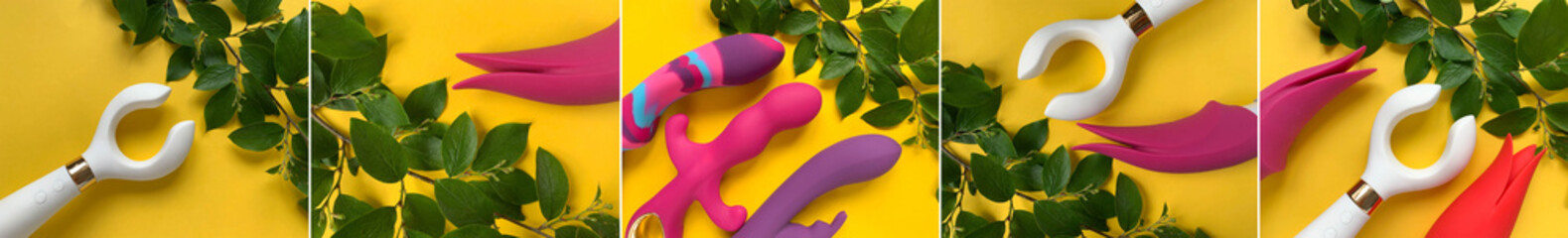 Collage of photos sex toy. Vibrators on yellow background. Five photos useful for sex shop